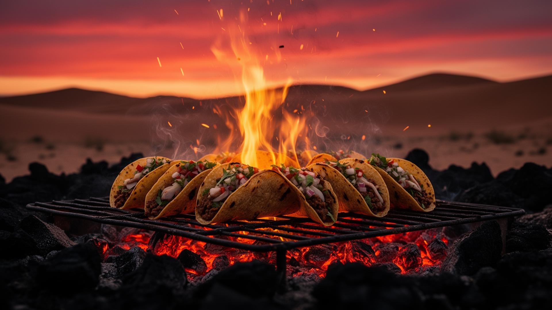 Fire-grilled street tacos at desert sunset